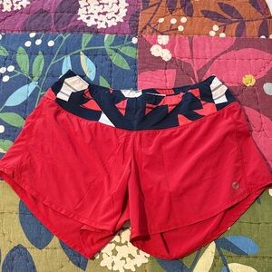 Oiselle: Women's Red Athletic Shorts with Patterned Waistband
